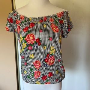 Black and white gingham floral off the shoulder top.